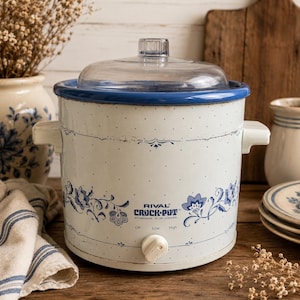 May include: A white Rival Crock-Pot stoneware slow cooker with a blue rim and floral design. The slow cooker has a clear glass lid and a white control knob. The text "RIVAL CROCK-POT" is printed on the front.