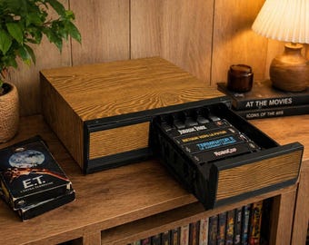 Vintage VHS cassette storage case with wood effect – sliding drawer – retro media unit from the 80s and 90s