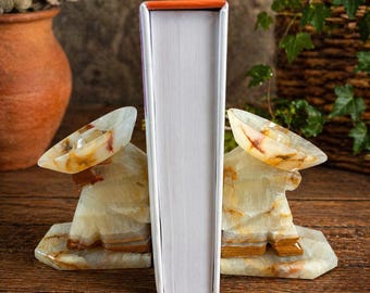 Vintage Mexicaanse boekensteunen van onyxmarmer – figuren met sombrero's die een dutje doen – retro sculpturale decoratie