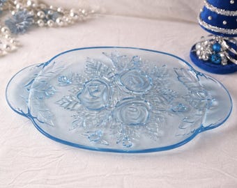 Vintage blue glass tray – embossed rose pattern, art deco decorative tray, centerpiece, glass serving tray