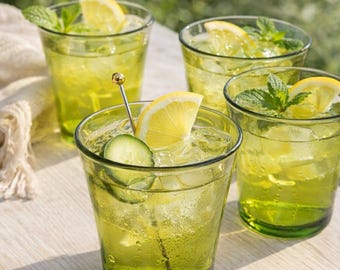 Vintage green Duralex glasses | Set of 4 French glasses | Tempered glass | Mid-century retro style