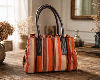 Bolso de mano vintage Heyraud Paris a rayas | Bolso de diseñador francés | Bolso a rayas naranja y marrón | Hecho en Francia