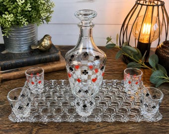 Vintage playing card liqueur set – Decanter + 5 glasses + glass tray – Made in France – Retro barware