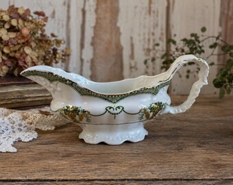 Saucière vintage anglaise Swinnertons Stanley Pottery England | Gravy boat porcelaine motif vert et doré | Vaisselle ancienne élégante
