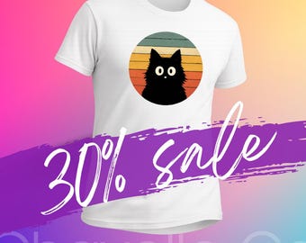 Camiseta retro de gato negro: camiseta con gráfico de atardecer desgastado