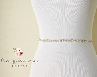 Silver Beaded Vintage Skinny Delicate BHLDN Inspired Bridal Sash, Rhinestone Wedding Belt, BHLDN Inspired Bridal Belt, Skinny Crystal Belt
