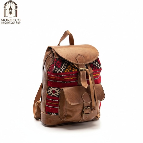 vintage Kilim brown leather back pack shoulder bag AS IS Hippie Women Backpack Purse-boho Style Ethnic Moroccan  main image 3