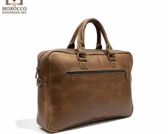 Handmade Moroccan leather laptop bag, genuine cowhide, eco-friendly briefcase