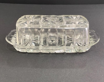 Vtg  Anchor Hocking Early American Prescut Star of David Glass  Butter Dish &Lid