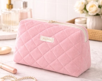 Pink Gingham Makeup Bag, Cute Cosmetic Pouch for Women, Quilted Travel Toiletry Bag, Aesthetic Organizer, Gift for Her