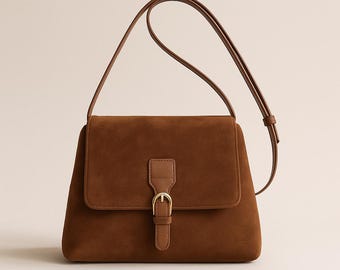 Vegan Suede Shoulder Bag – Soft Crossbody Hobo, Minimalist Flap Purse, Parisian Chic Everyday Bag, Gift for Her