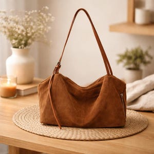 Sac à bandoulière en cuir véritable pour femme, sac fourre-tout en cuir de vachette suédé, sac hobo minimaliste doux, grand sac à main de luxe de tous les jours