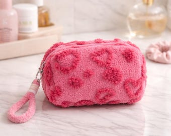 Cute Plush Makeup Bag, Heart Cosmetic Pouch for Women, Soft Travel Toiletry Bag, Kawaii Beauty Organizer, Gift for Her