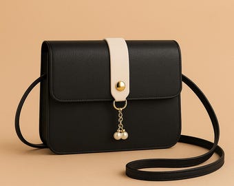 Vegan Leather Crossbody Bag – Pearl Pendant Purse, French Minimalist Small Crossbody, Everyday Shoulder Handbag, Elegant Gift for Her
