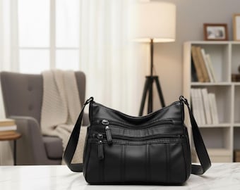 Small Vegan Leather Shoulder Bag – Soft Multi-Pocket Crossbody Purse, Retro Casual Handbag for Women, Lightweight Everyday Bag