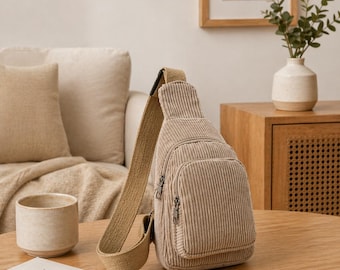 Corduroy Crossbody Bag Women, Small Sling Bag, Casual Chest Bag, Lightweight Shoulder Bag, Everyday Travel Mini Bag
