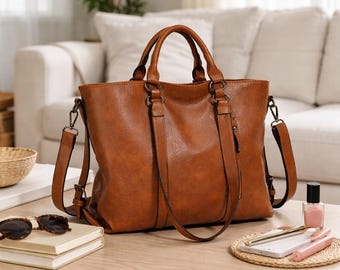 Large Tote Bag for Women, Vintage PU Leather Handbag, Work Shoulder Bag with Strap, Elegant Everyday Purse, Office Bag