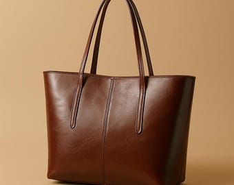 Genuine Leather Tote Bag – Large Shoulder Bag for Women, Minimalist Work Tote, Real Cowhide Purse, Fits 13” Laptop
