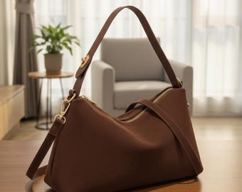 Soft Vegan Leather Shoulder Bag for Women – Vintage Hobo Bag, Zip Closure, Everyday Crossbody Purse, Minimalist Work Bag