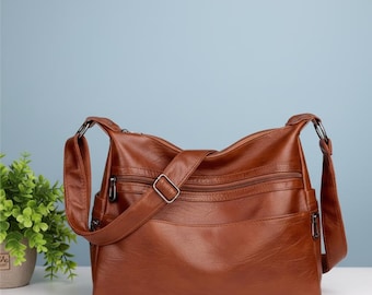 Large Vegan Leather Shoulder Bag • Multi-Pocket Hobo Purse • Soft Everyday Tote for Women • Zipper Handbag • Casual Work & Travel Bag