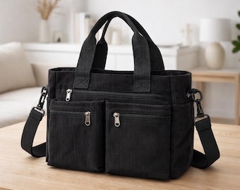 Large Corduroy Messenger Bag for Women, Casual Multi Pocket Shoulder Tote, Mom Diaper Work Travel Bag, Everyday Crossbody