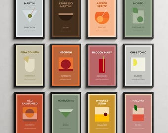 Minimalist Cocktail Art Print Set: Home Bar Decor (Digital Download, 12 Designs)
