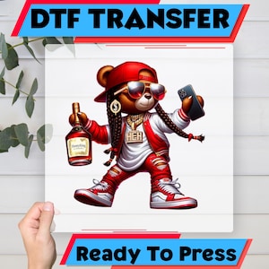 Hip Hop Bear DTF Transfer, Red Outfit Design, Ready to Press, DIY Apparel Art, Cool Urban Style, Vibrant Trendy Shirt Decor