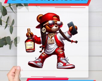 Transferencia DTF de oso de hip hop, diseño de atuendo rojo, listo para imprimir, arte de ropa DIY, estilo urbano moderno, decoración de camisetas vibrante y moderna