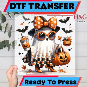 Cute Halloween Ghost DTF Transfer, Pumpkin Coffee Fall Ghost with Bow, Spooky Season Shirt Print, Sublimation & DTF Design