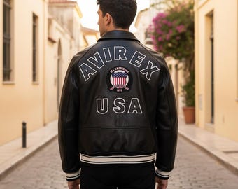 Real Leather Varsity Bomber Jacket | USA Heritage Patch | Handmade Letterman Style