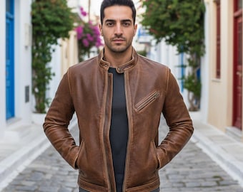 Men’s Distressed Leather Cafe Racer Jacket | Vintage Motorcycle Style | Handmade Brown Biker Jacket