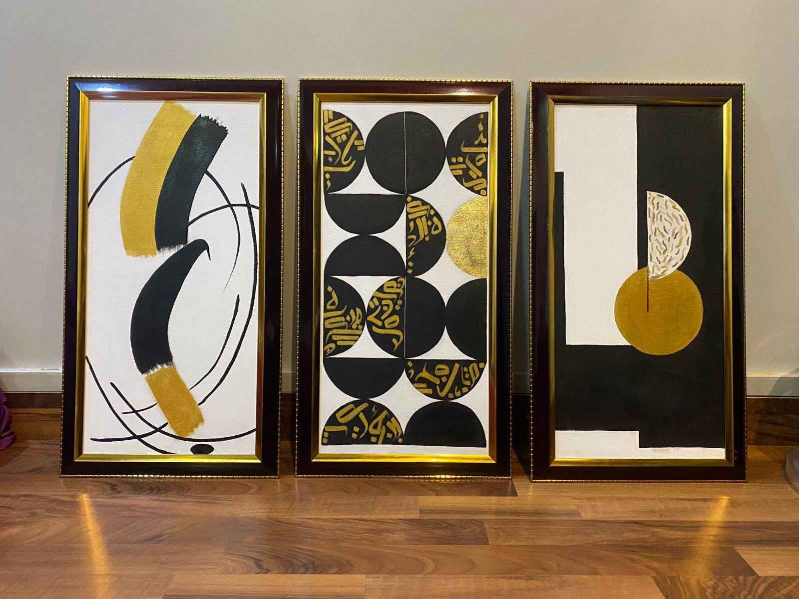 金箔を施した抽象アクリル画 12x24 | モダンな手描きキャンバス