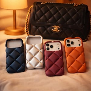 May include: Four quilted phone cases in navy, white, burgundy, and orange, arranged in a row. A black quilted handbag with a gold chain strap and logo is in the background. The cases have a diamond pattern.