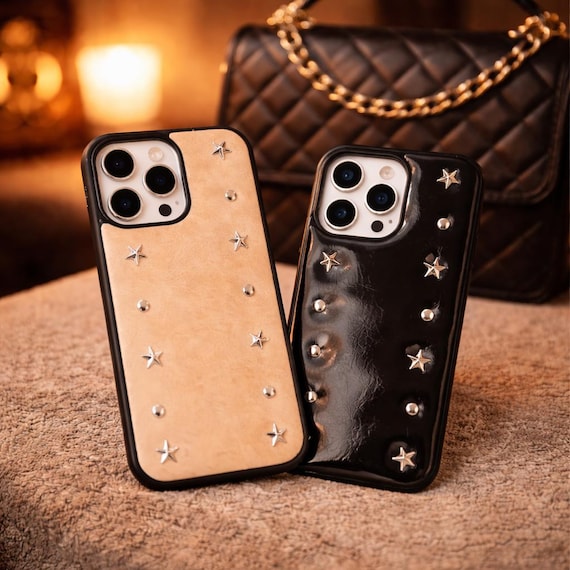 Personalized Studded iPhone Case Luxury Leather Style Phone Cover Trendy