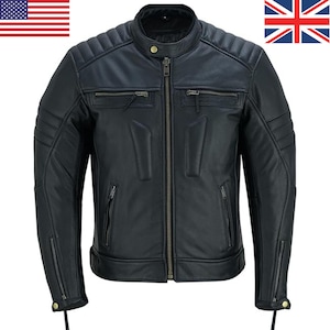 Handmade Men&#39;s Black Motorbike Racing Jacket, Genuine Cowhide Leather Motorcycle Riding Leather Jackets, Protective Biker Gear, Gift for Him