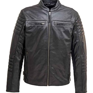 New Men&#39;s Black Handmade Leather Biker Racing Jacket, Genuine Cowhide Leather Motorcycle Jacket, Level 1 Protection, Perfect Gift for Riders