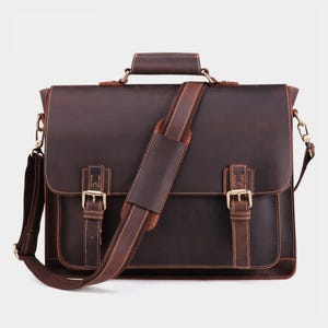 Dark Brown Leather Messenger Bag – Handmade Full Grain Cowhide Briefcase for Men – Laptop Bag 15&quot; 17&quot; – Personalized Gift for Him
