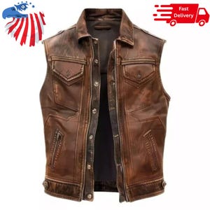 Chaleco de motociclista de cuero desgastado marrón para hombre: piel de oveja auténtica, estilo vaquero vintage del oeste, chaqueta sin mangas para club.