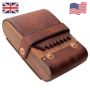 Vintage Full Grain Leather & Wood Cigarette Case | Handmade Flip Open Tobacco Holder | Retro Gift for Smokers | Rustic Cigarette Box for Men