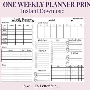 Puede incluir: Un planificador semanal imprimible con secciones para la planificación de comidas, entrenamientos y notas. Incluye una visión general semanal, enfoque, tareas y una lista de compras. Disponible en tamaños US Letter y A4.