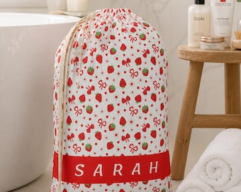 Personalized Laundry Bag Custom Name Strawberry Drawstring Laundry Sack Coquette Dorm Essential for Her Custom Name Cute Storage Gift Idea