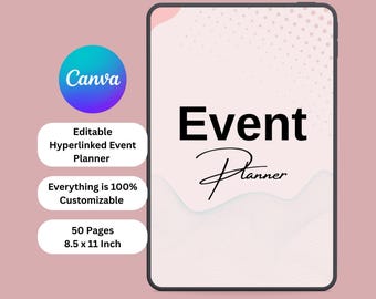 Puede incluir: Un planificador de eventos digital con un diseño rosa y blanco. La portada presenta el texto "Event Planner" en negrita y escritura cursiva. El planificador mide 21,6 x 27,9 cm y tiene 50 páginas. Es editable y personalizable.