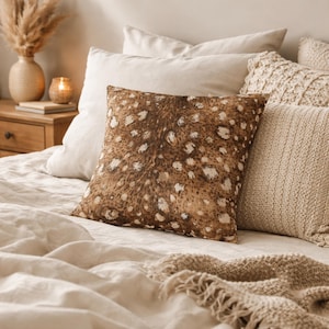 May include: A square decorative pillow with a brown and white spotted pattern, resembling animal hide, rests on a bed with other pillows. The pillow is the focal point, with a neutral color palette and a cozy, inviting aesthetic. The bed is covered with a cream-colored sheet.