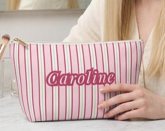 Borsa cosmetica personalizzata, pochette per il trucco personalizzata, astuccio da viaggio per articoli da toilette, a righe rosa, monogramma, custodia di bellezza, idea regalo per damigella d'onore, portaoggetti con nome ricamato