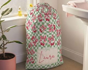 Bolsa de lavandería personalizada con nombre, diseño coqueto a cuadros, bolsa de lavandería linda para dormitorio universitario, regalo para ella, idea de regalo para dormitorio universitario