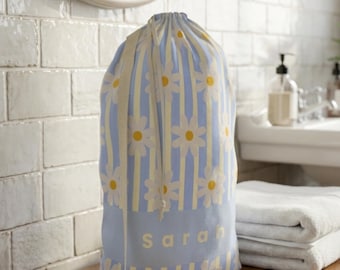 Custom Name Laundry Bag Personalized Name Laundry Sack Gift for Girl Dorm Essential Cute Floral Striped Laundry Bag College Student Gift