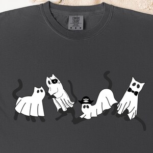 Cute Ghost Cat Halloween Shirt, Comfort Colors Tee, Black Cats in Ghost Costumes, Spooky Season T-Shirt, Halloween Gift Idea