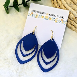 Statement Wooden Dangle Earrings, Blue Boho Chic Earrings