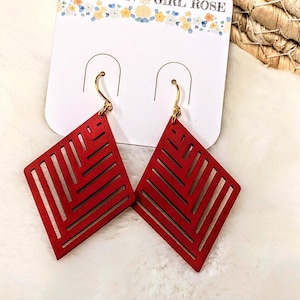 Red Statement Wood Earrings: Lightweight Boho Chic Dangles Jewlery