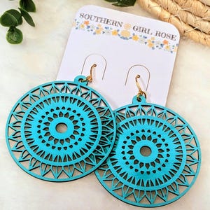 Turquoise Wood Statement Earrings: Lightweight Boho Chic Dangles